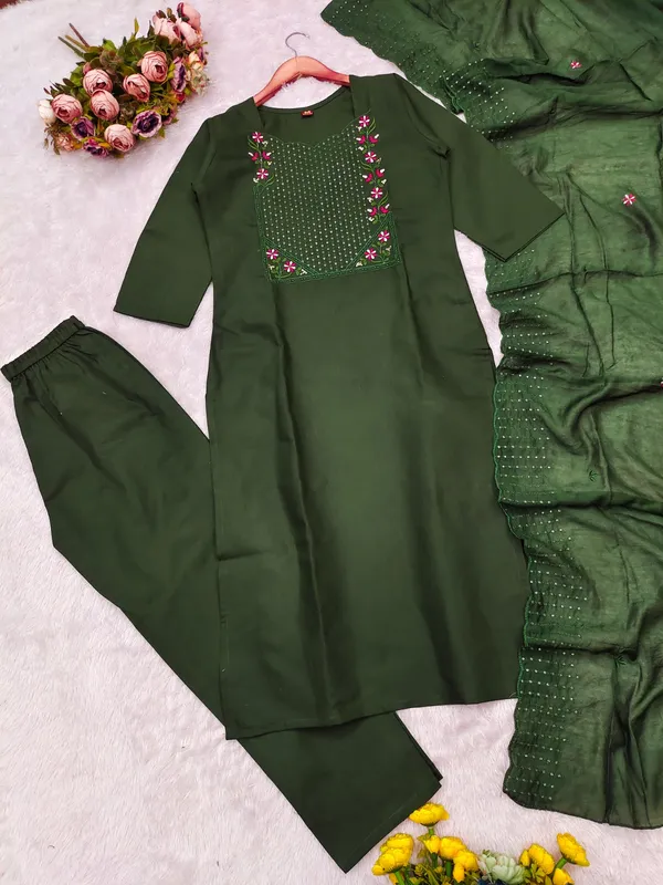 Emerald Green Cotton Kurta Set with Chanderi Dupatta