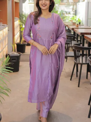 Lavender Cotton Kurta Set with Embroidery Dupatta Set