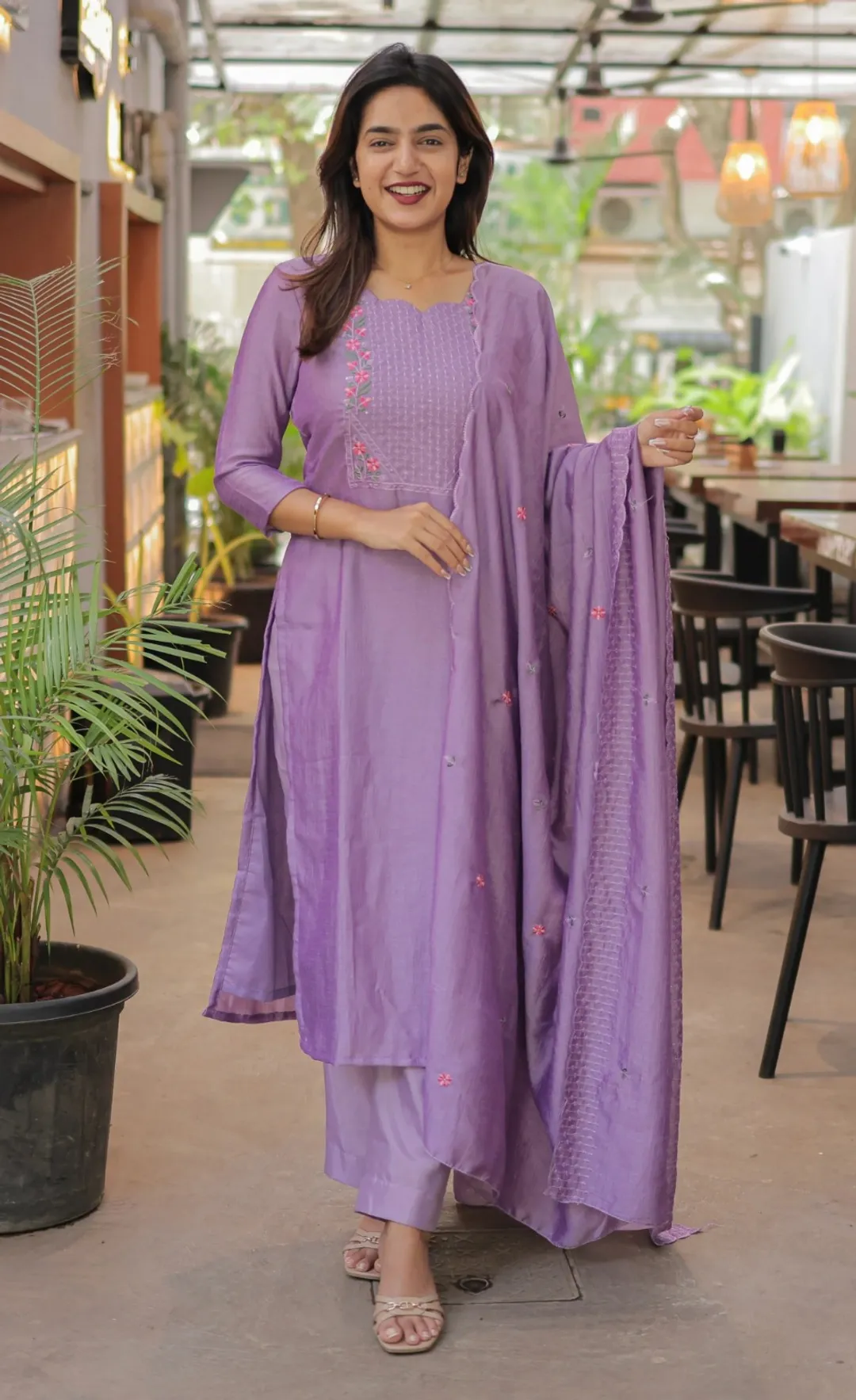 Lavender Cotton Kurta Set with Embroidery Dupatta Set