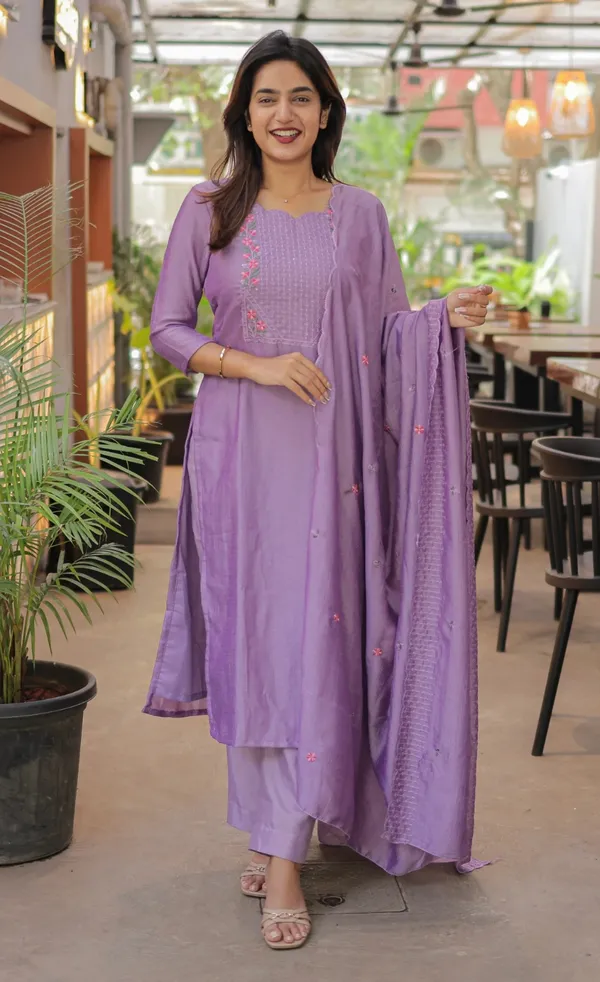Lavender Cotton Kurta Set with Embroidery Dupatta Set