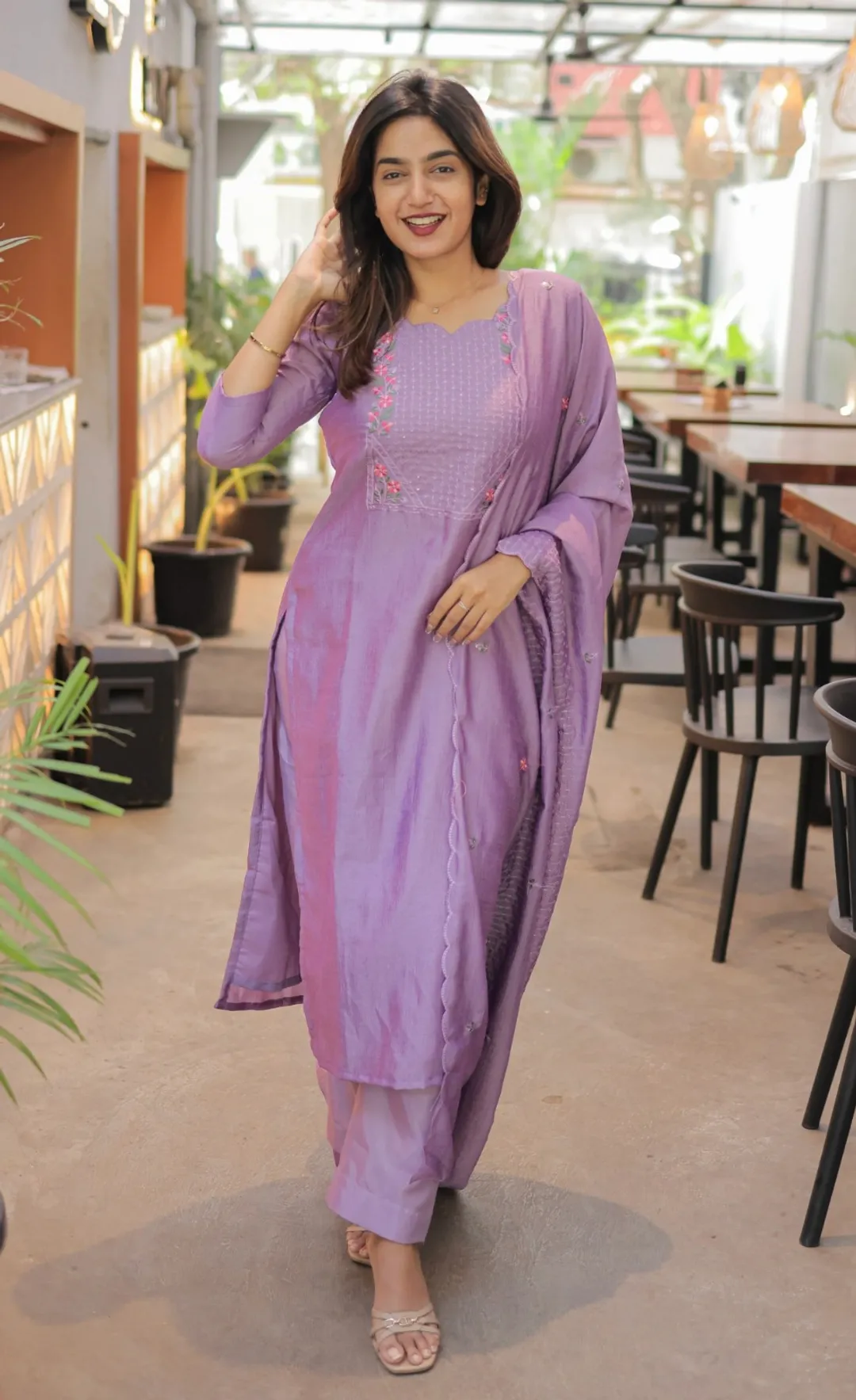 Lavender Cotton Kurta Set with Embroidery Dupatta Set