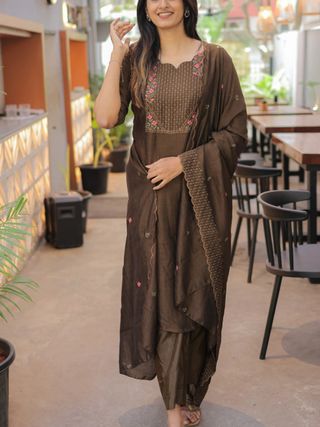 Premium Brown Cotton Kurta Set with Chanderi Dupatta