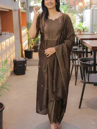 Premium Brown Cotton Kurta Set with Chanderi Dupatta