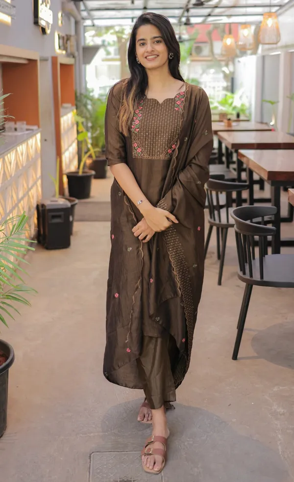 Premium Brown Cotton Kurta Set with Chanderi Dupatta