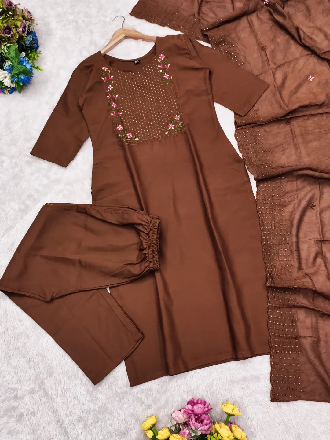 Premium Brown Cotton Kurta Set with Chanderi Dupatta