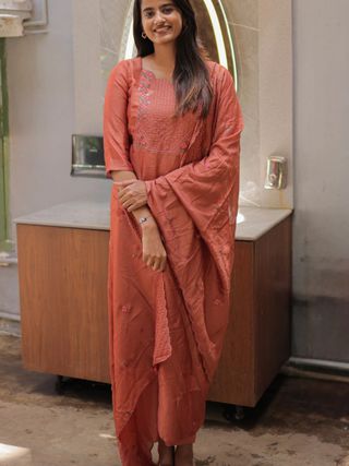 Rust Embroidered Cotton Straight Kurta Set with Dupatta