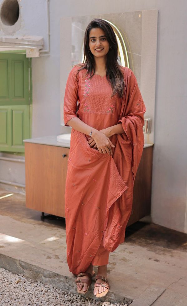 Rust Embroidered Cotton Straight Kurta Set with Dupatta