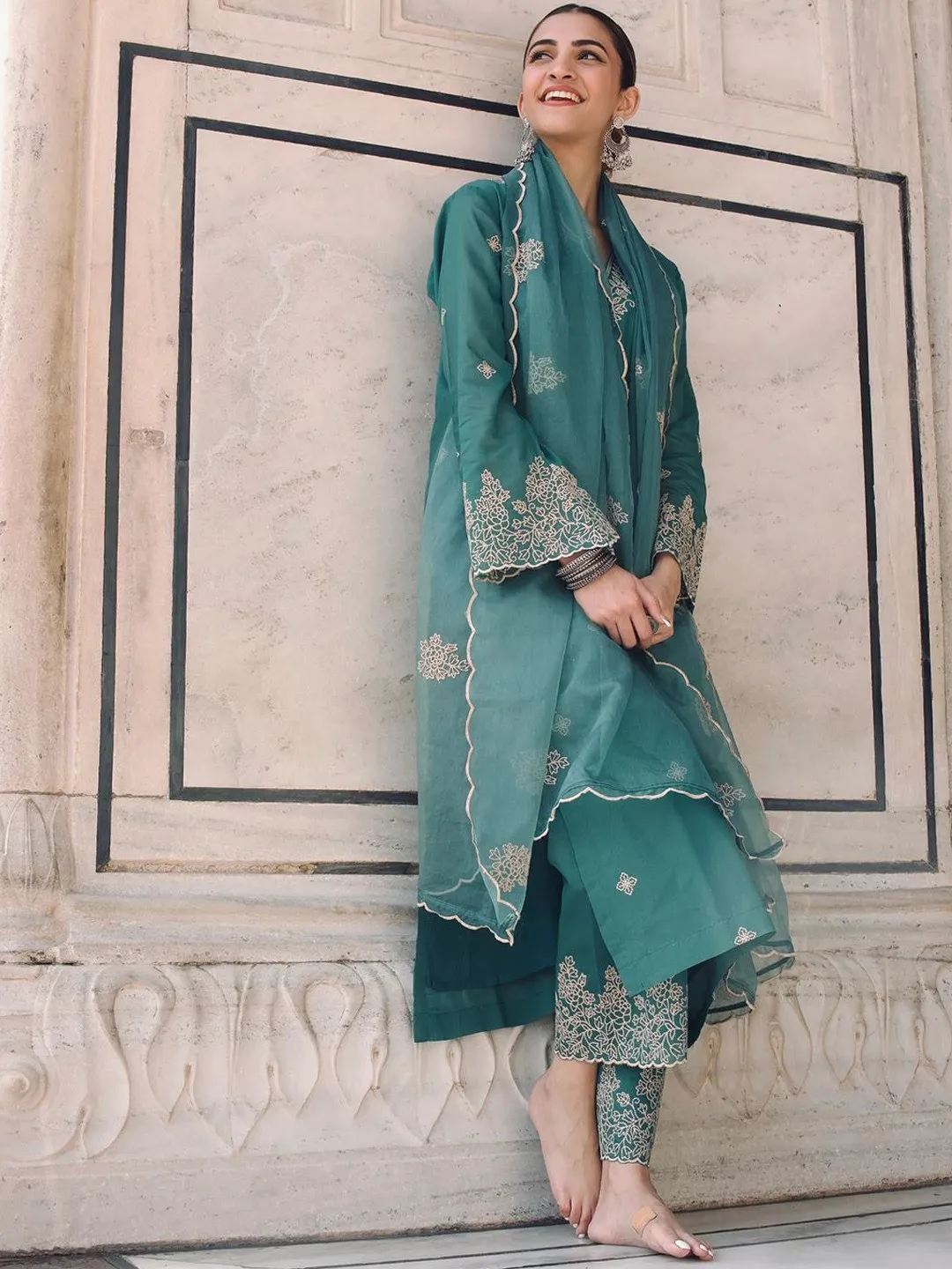 Teal Embroidered Rayon Straight Kurta Set with Organza Dupatta