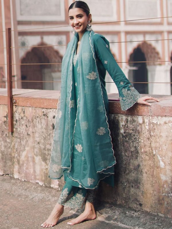 Teal Embroidered Rayon Straight Kurta Set with Organza Dupatta