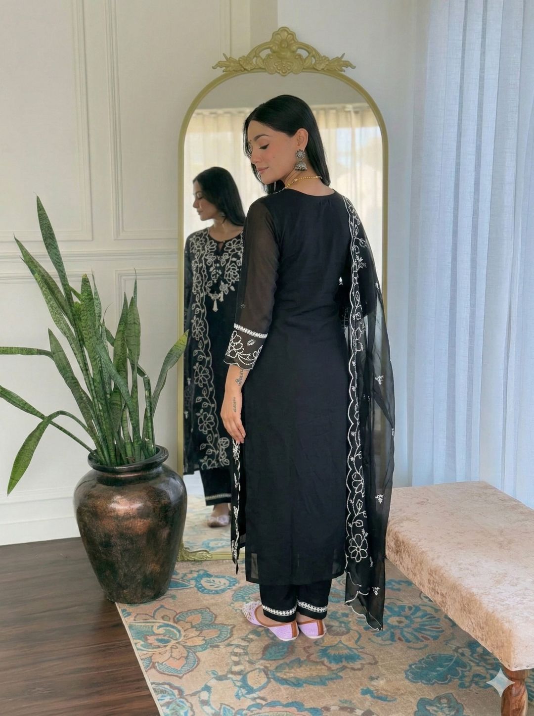 Stylish Black Kurta Pant Dupatta Set with White Embroidery