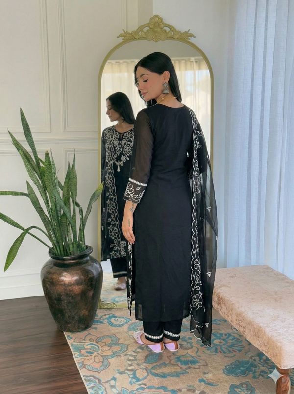 Stylish Black Kurta Pant Dupatta Set with White Embroidery