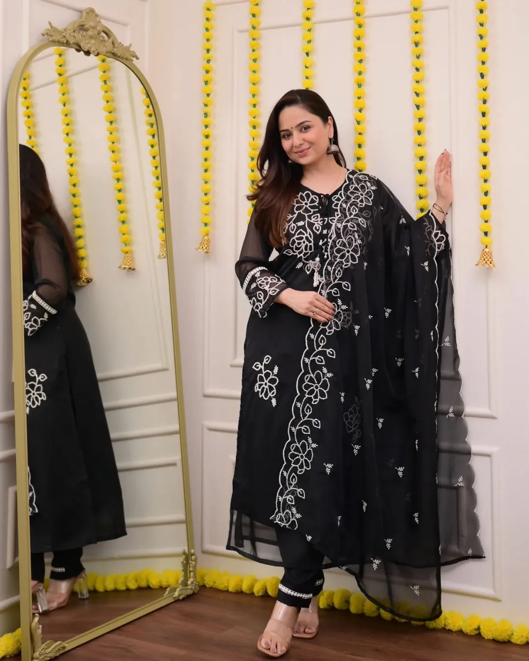 Stylish Black Kurta Pant Dupatta Set with White Embroidery