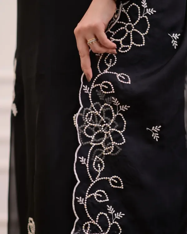 Stylish Black Kurta Pant Dupatta Set with White Embroidery