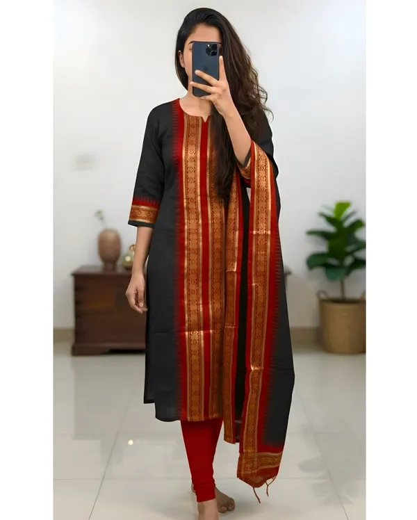 Kanchi Cotton Zari Woven Kurti Set with Traditional Dupatta