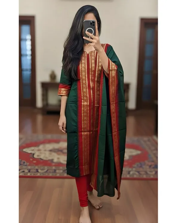 Kanchi Cotton Zari Woven Kurti Set with Traditional Dupatta