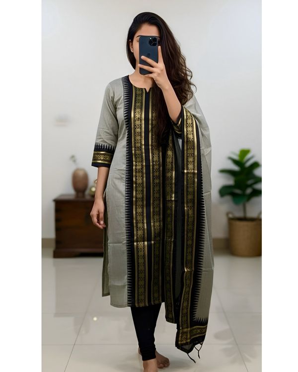 Grey Zari Border Kanchi Cotton Kurti Dupatta Set