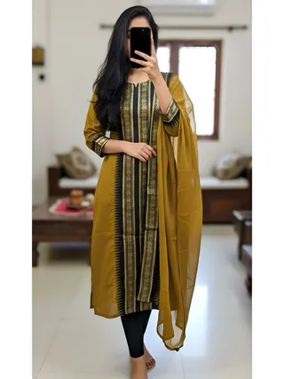 Mustard Designer Kurti Dupatta Set with Rich Weaving