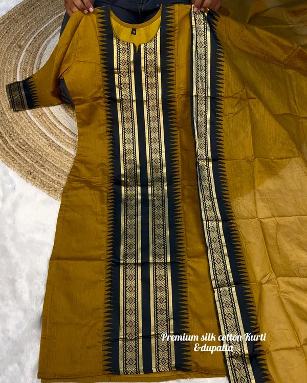 Mustard Designer Kurti Dupatta Set with Rich Weaving