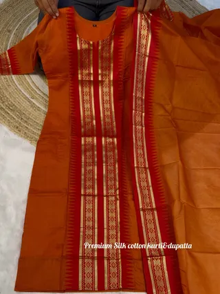 Orange Ethnic Kurti Dupatta Set with Jacquard Work