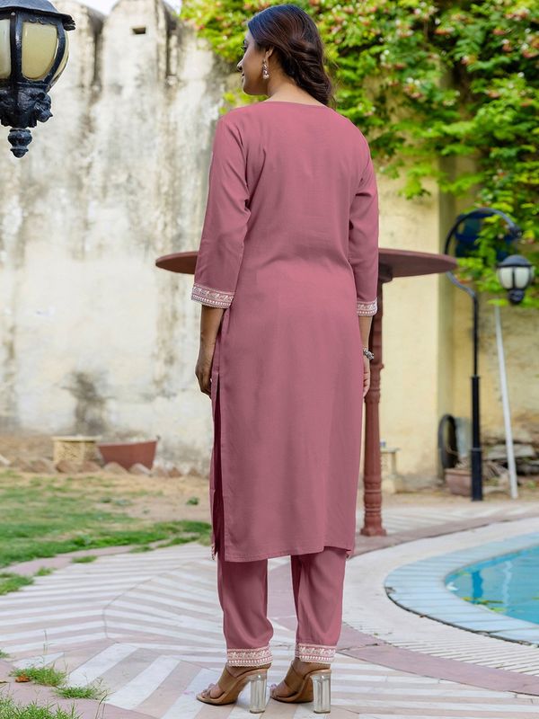 Pink Embroidered Cotton Kurti Pant Dupatta Set
