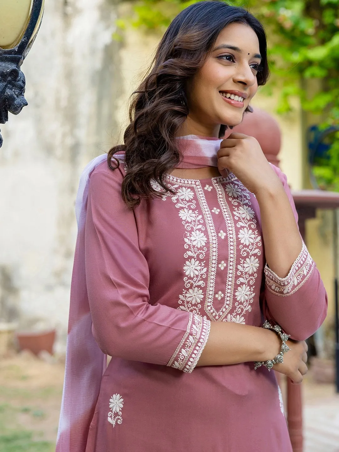 Pink Embroidered Cotton Kurti Pant Dupatta Set