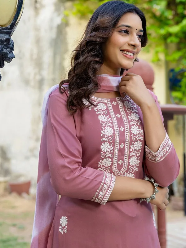 Pink Embroidered Cotton Kurti Pant Dupatta Set