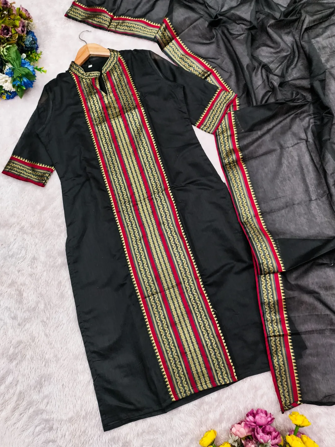 Black Kanchi Cotton Kurti Dupatta Set for Women