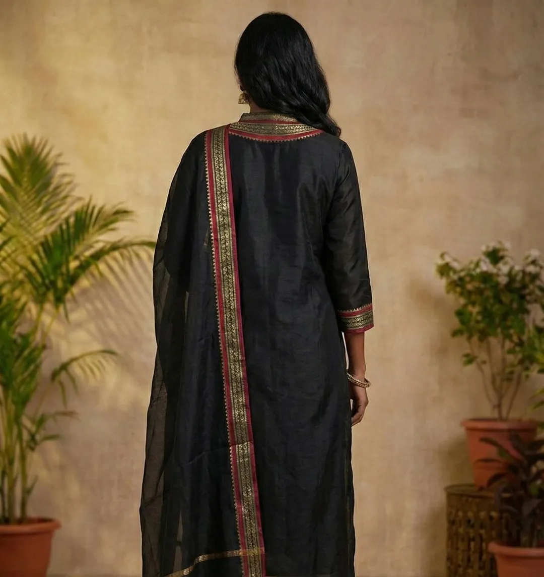 Black Kanchi Cotton Kurti Dupatta Set for Women