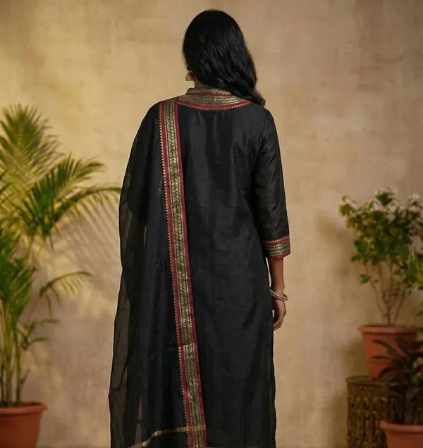 Black Kanchi Cotton Kurti Dupatta Set for Women