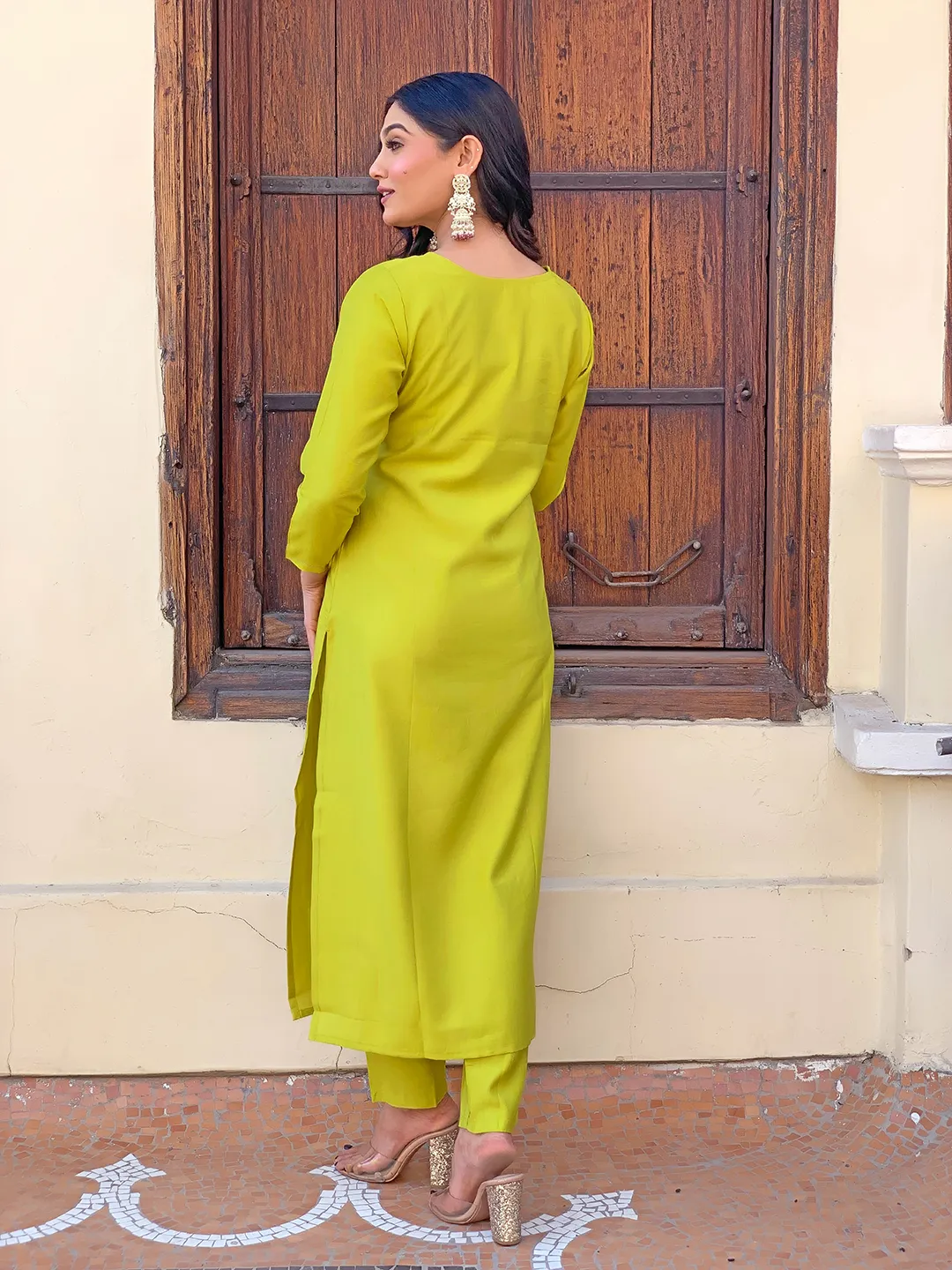 Lemon Yellow Embroidered Rayon Kurta Set with Dupatta