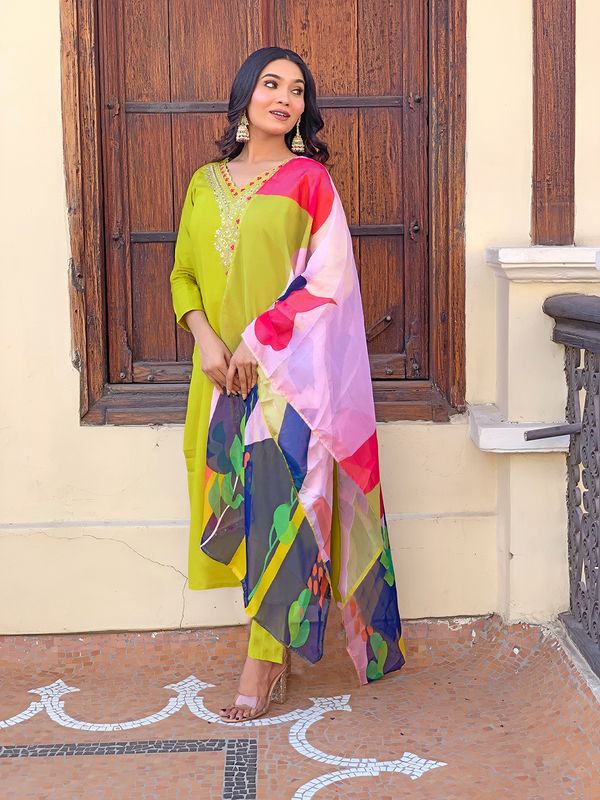 Lemon Yellow Embroidered Rayon Kurta Set with Dupatta