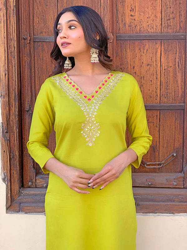 Lemon Yellow Embroidered Rayon Kurta Set with Dupatta