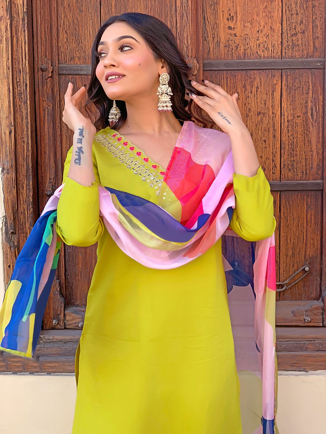 Lemon Yellow Embroidered Rayon Kurta Set with Dupatta