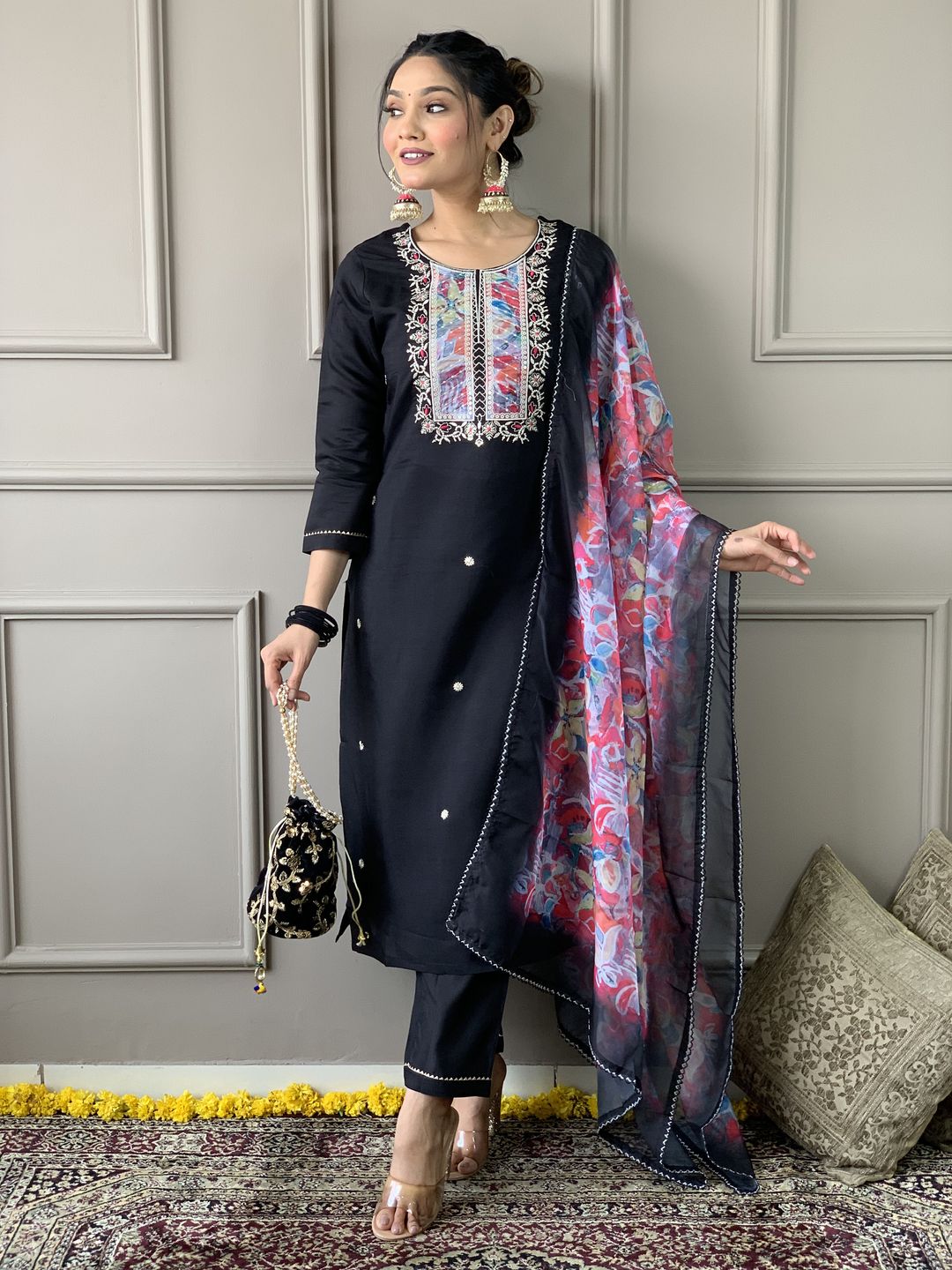 Black Embroidered Rayon Slub Kurta Set with Organza Dupatta