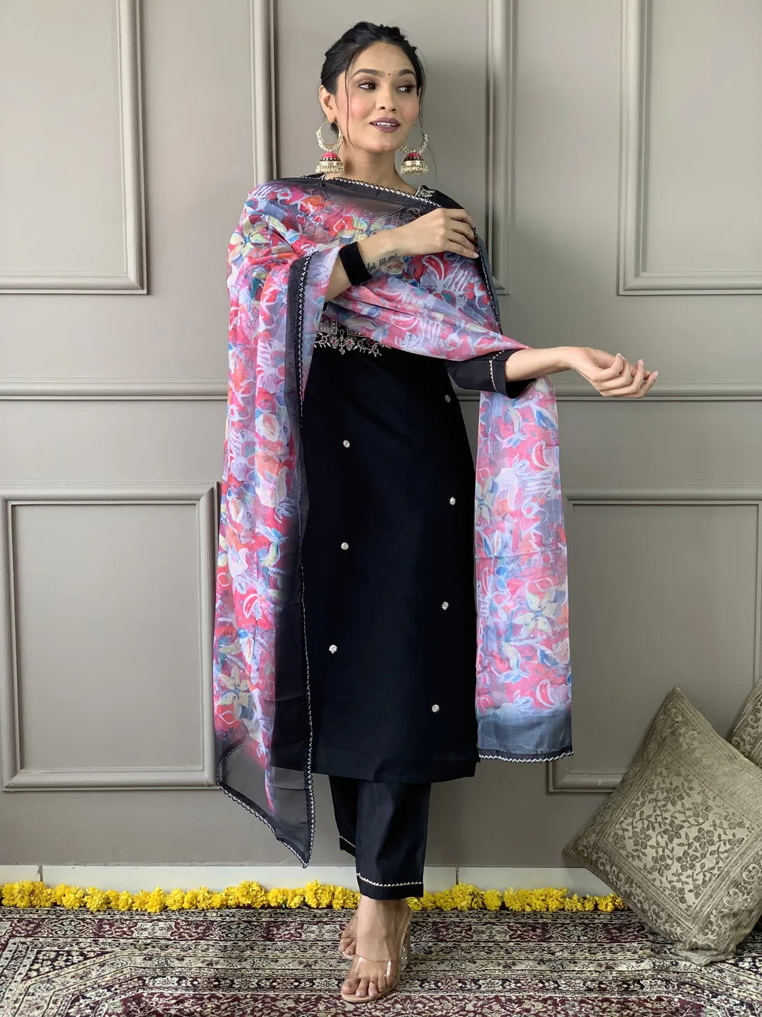 Black Embroidered Rayon Slub Kurta Set with Organza Dupatta