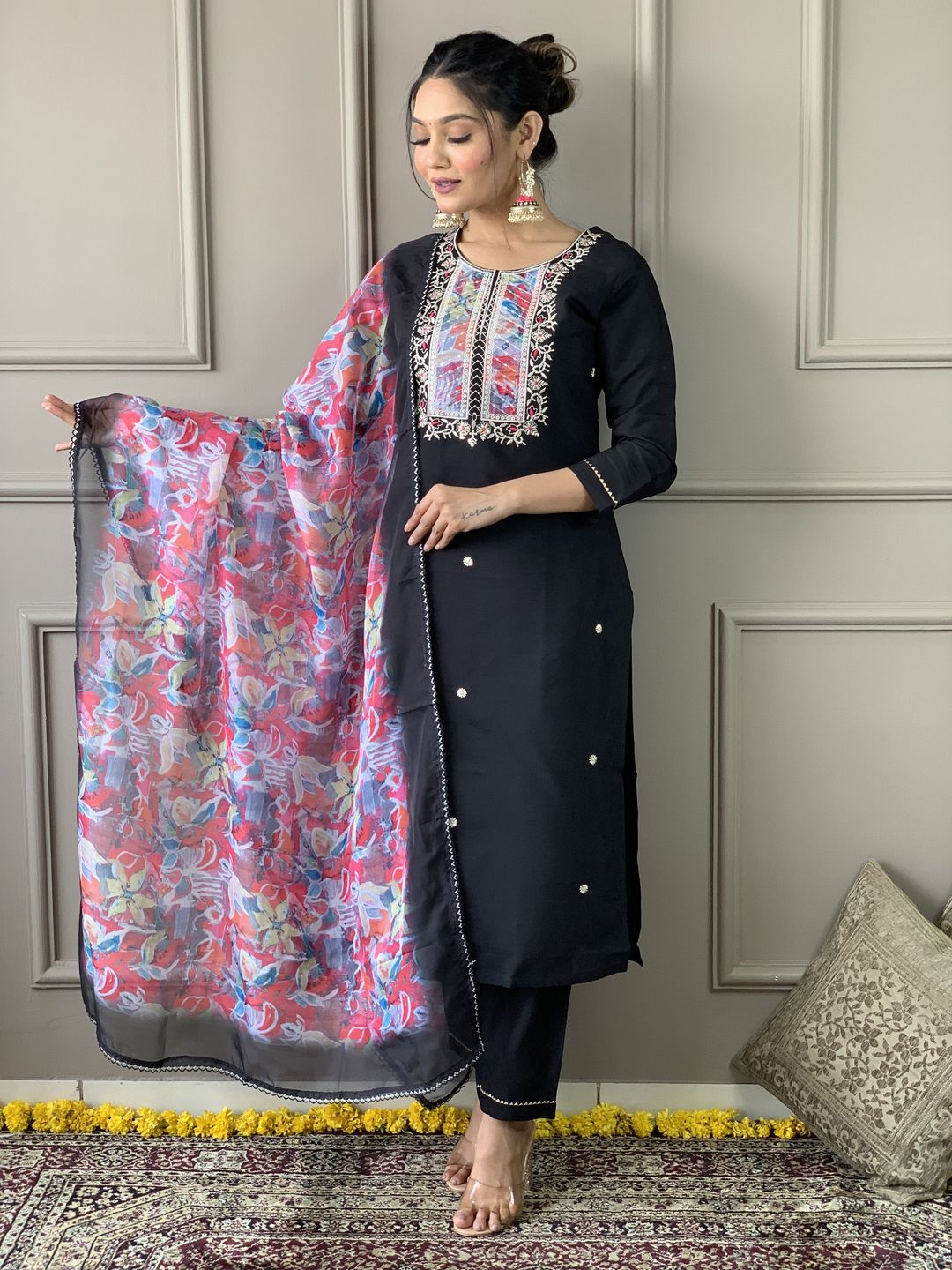Black Embroidered Rayon Slub Kurta Set with Organza Dupatta