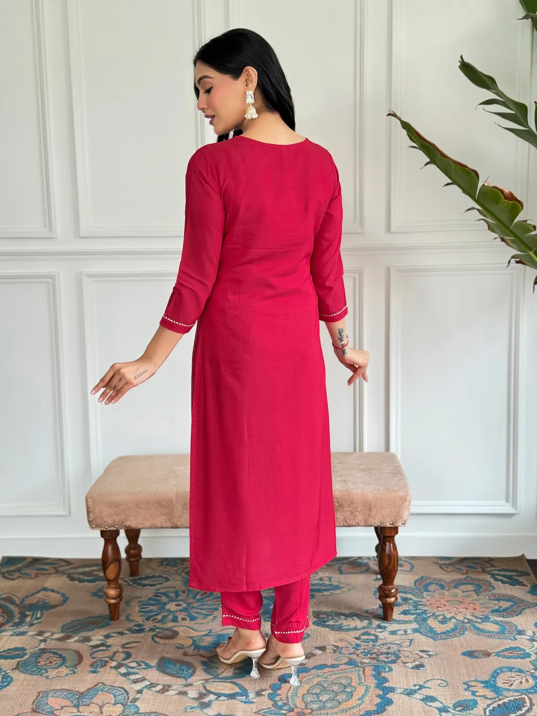Red Embroidered Rayon Kurta Set with Silk Printed Dupatta