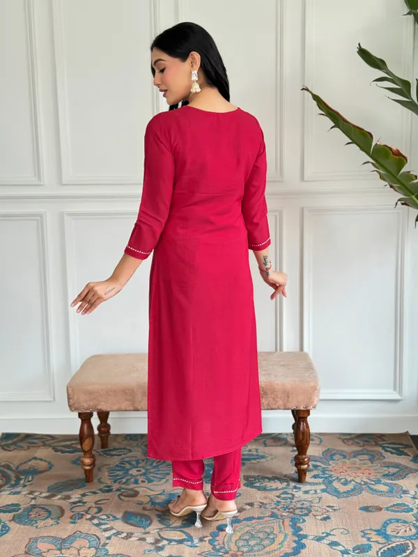 Red Embroidered Rayon Kurta Set with Silk Printed Dupatta