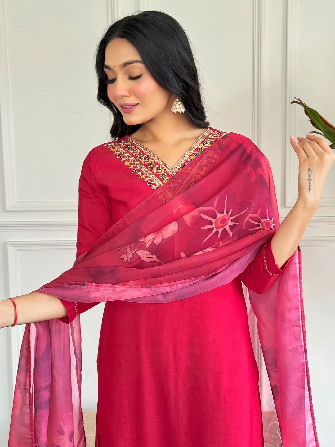 Red Embroidered Rayon Kurta Set with Silk Printed Dupatta