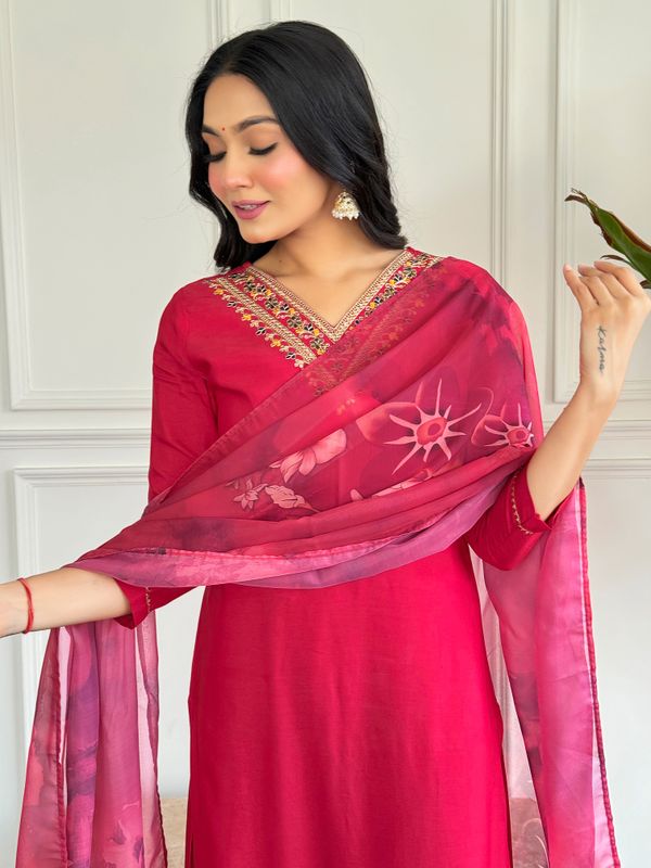 Red Embroidered Rayon Kurta Set with Silk Printed Dupatta