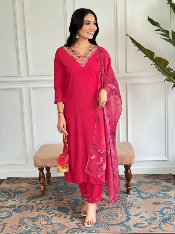 Red Embroidered Rayon Kurta Set with Silk Printed Dupatta