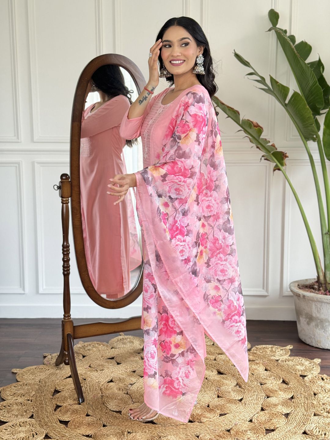 Baby Pink Embroidered Rayon Kurta Set with Silk Dupatta
