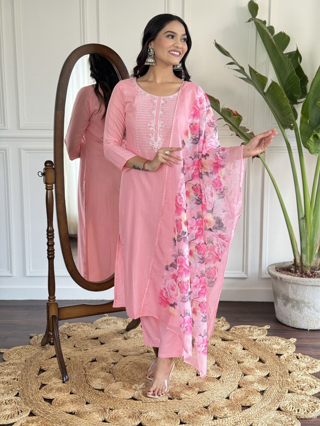 Baby Pink Embroidered Rayon Kurta Set with Silk Dupatta