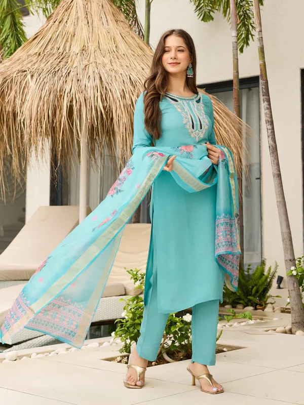 Sky Blue Embroidered Viscose Kurta Set with Organza Dupatta