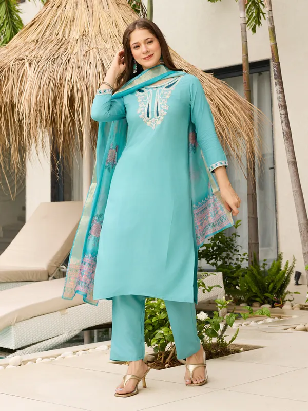 Sky Blue Embroidered Viscose Kurta Set with Organza Dupatta