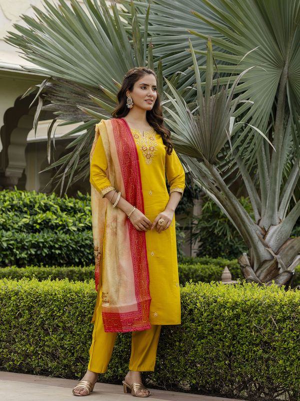 Mustard Embroidered Rayon Kurta Set with Printed Dupatta