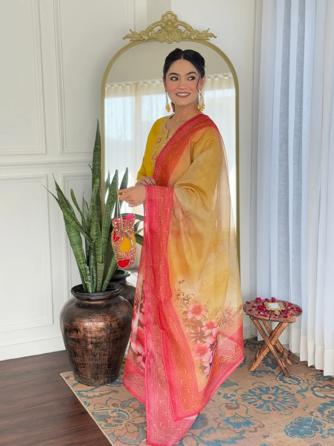 Mustard Embroidered Rayon Kurta Set with Printed Dupatta