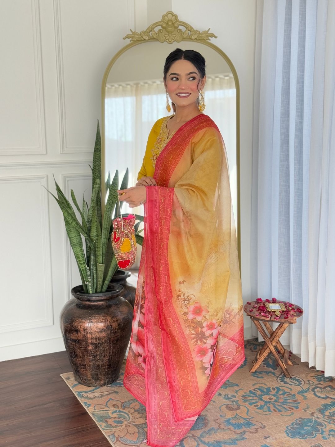 Mustard Embroidered Rayon Kurta Set with Printed Dupatta
