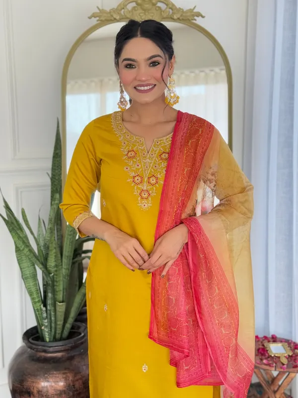 Mustard Embroidered Rayon Kurta Set with Printed Dupatta