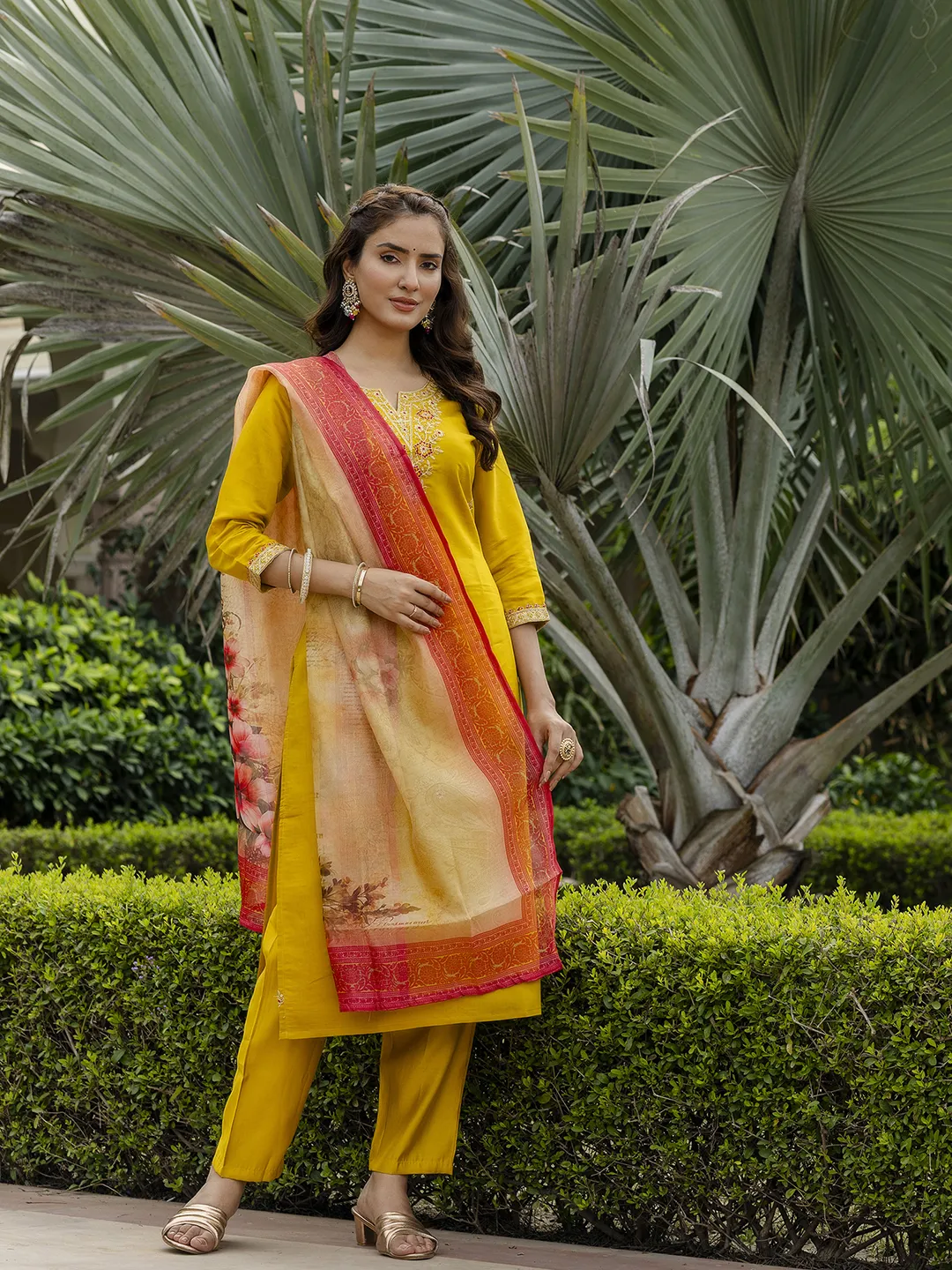Mustard Embroidered Rayon Kurta Set with Printed Dupatta